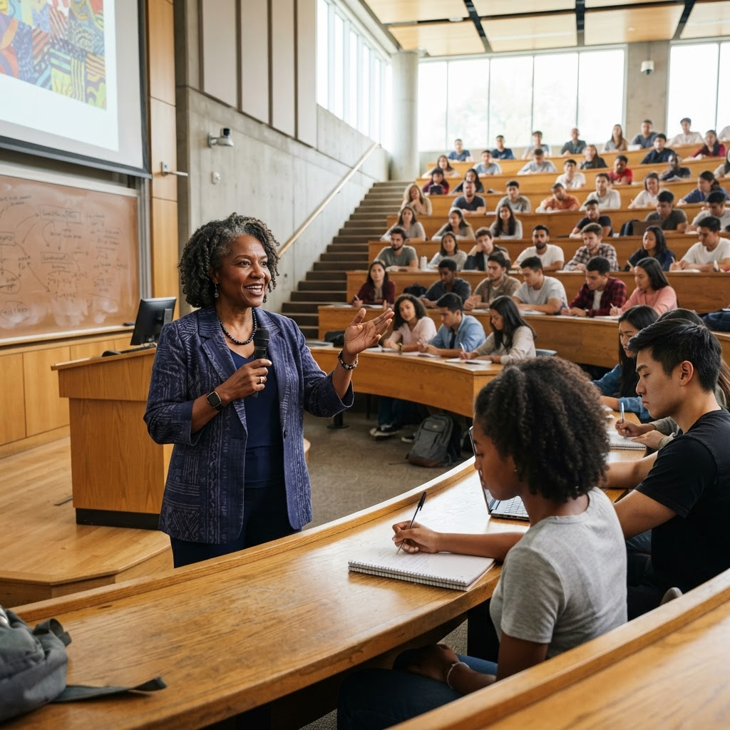 Un professeur s'adressant à un amphithéâtre d'étudiants
