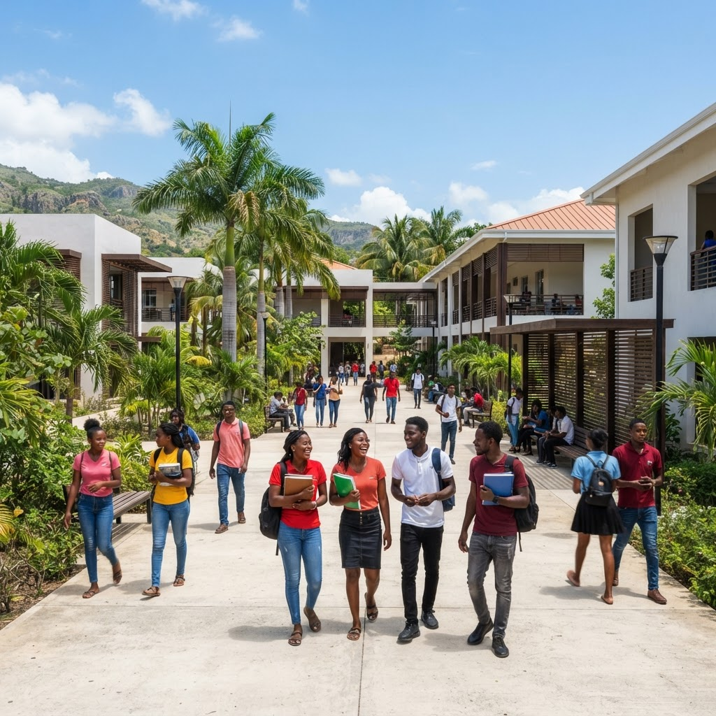Campus caribéen de l'UCH entouré de palmiers et d'étudiants
